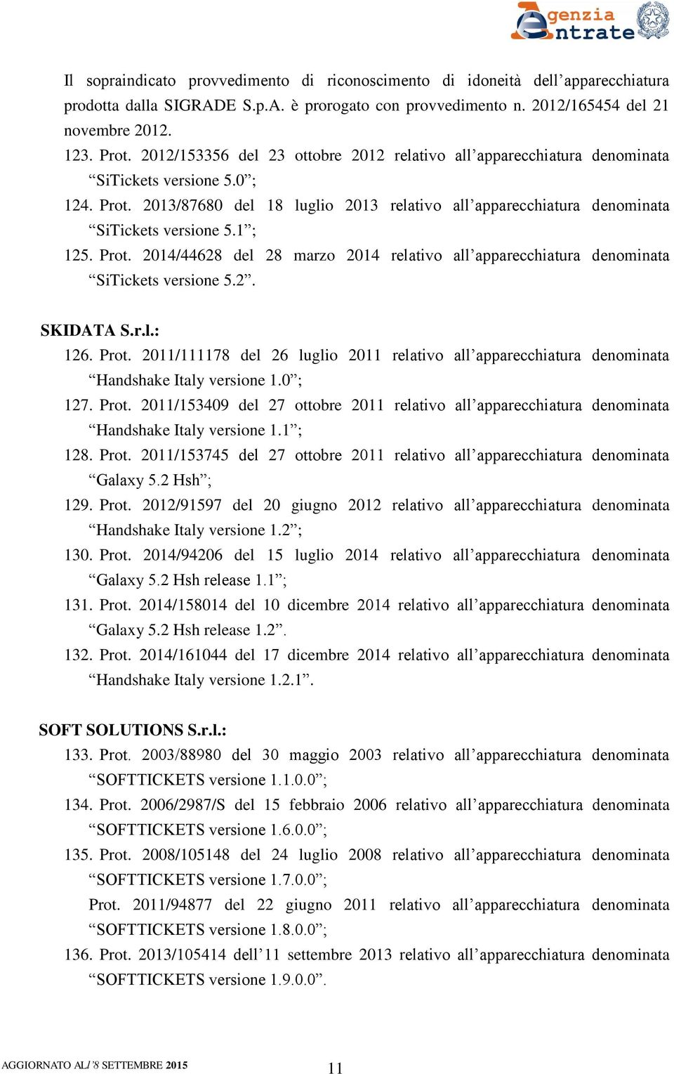 1 ; 125. Prot. 2014/44628 del 28 marzo 2014 relativo all apparecchiatura denominata SiTickets versione 5.2. SKIDATA S.r.l.: 126. Prot. 2011/111178 del 26 luglio 2011 relativo all apparecchiatura denominata Handshake Italy versione 1.