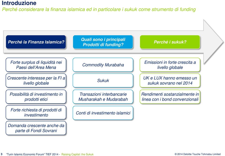 Forte surplus di liquidità nei Paesi dell Area Mena Crescente interesse per la FI a livello globale Possibilità di investimento in prodotti etici Forte richiesta di prodotti