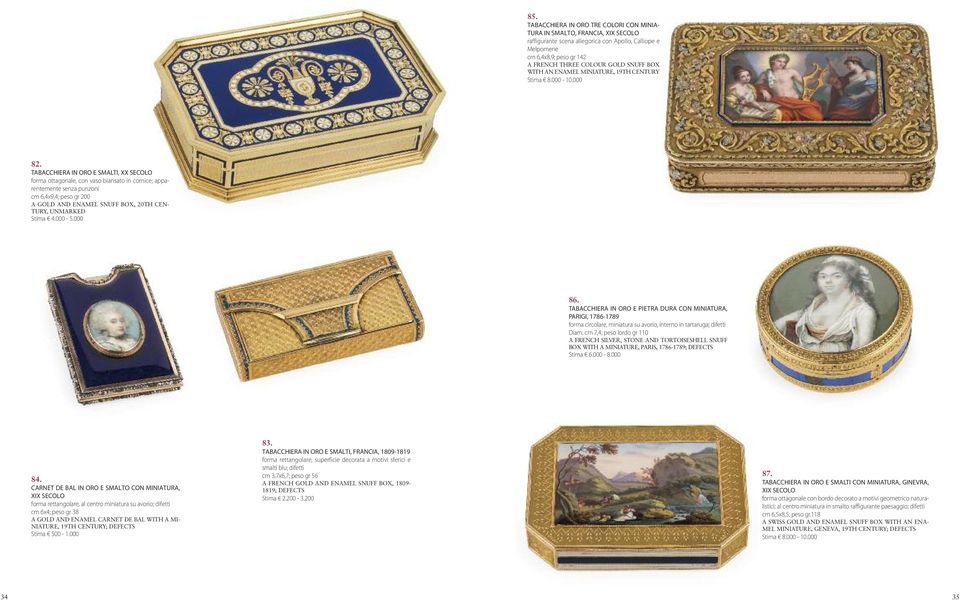 TAbACCHIErA IN OrO E SMAlTI, XX SECOlO forma ottagonale, con vaso biansato in cornice; apparentemente senza punzoni cm 6,4x9,4; peso gr 200 A GOLD AND ENAMEL SNUFF BOX, 20TH CEN- TURY, UNMARKED Stima