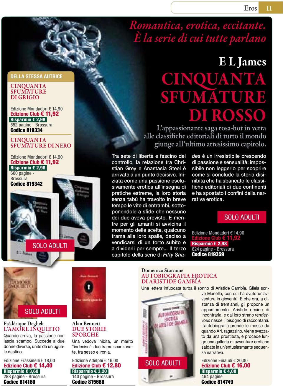 SFUMATURE DI NERO Edizione Mondadori 14,90 Edizione Club 11,92 Risparmio 2,98 600 pagine - Brossura Codice 819342 SOLO ADULTI E L James CINQUANTA SFUMATURE DI ROSSO L appassionante saga rosa-hot in