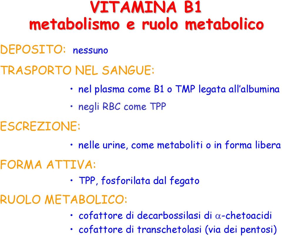 negli RBC come TPP nelle urine, come metaboliti o in forma libera TPP, fosforilata dal