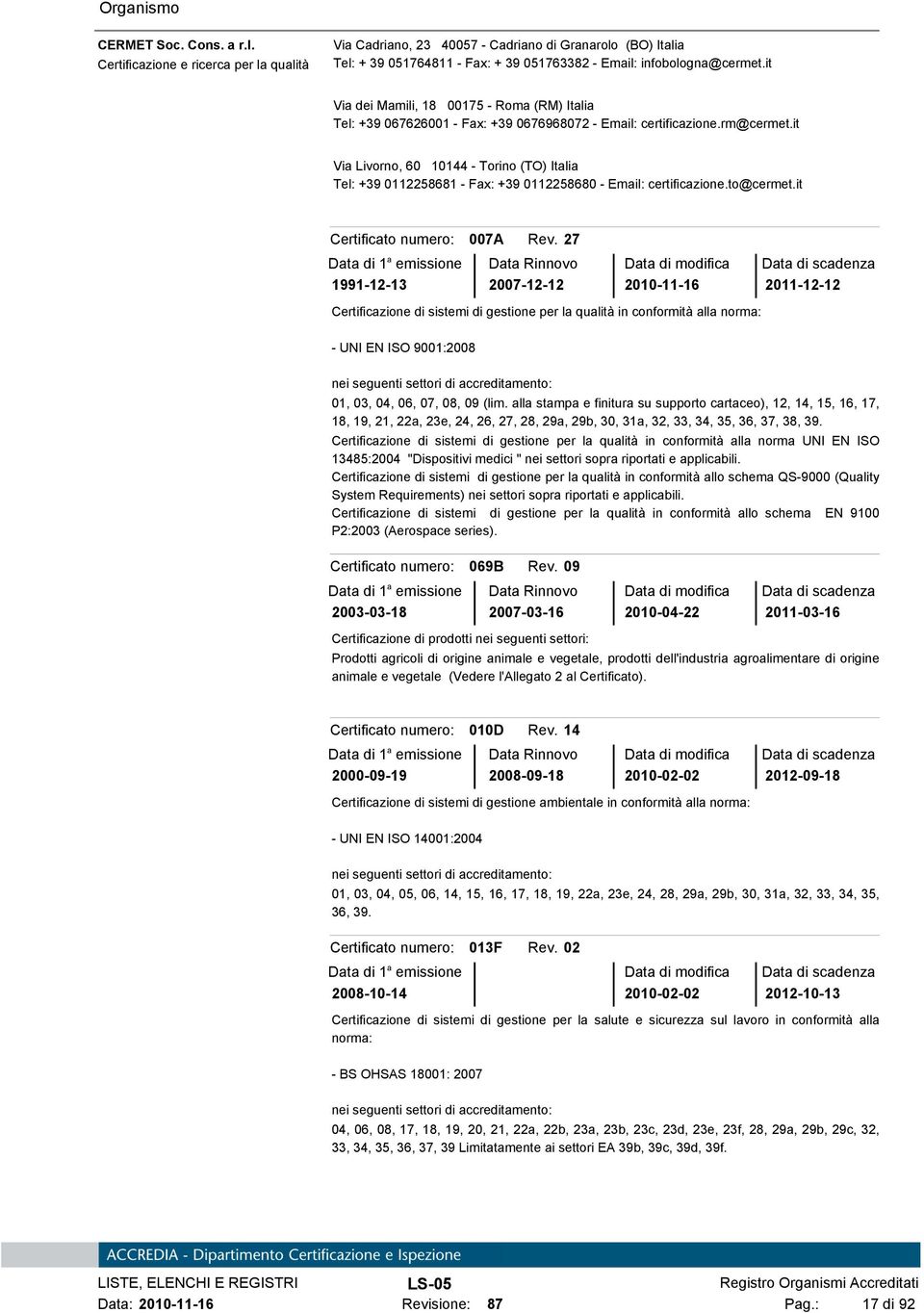 it Via Livorno, 60 10144 - Torino (TO) Italia Tel: +39 0112258681 - Fax: +39 0112258680 - Email: certificazione.to@cermet.it 007A Rev.