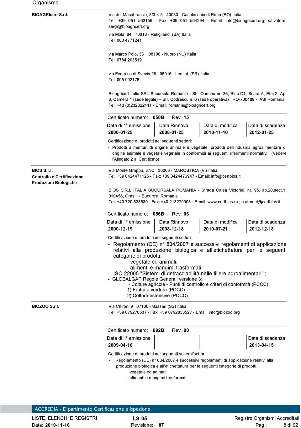 Bioagricert Italia SRL Sucursala Romania - Str. Oancea nr. 36, Bloc D1, Scara A, Etaj 2, Ap. 8, Camera 1 (sede legale) Str. Codrescu n.