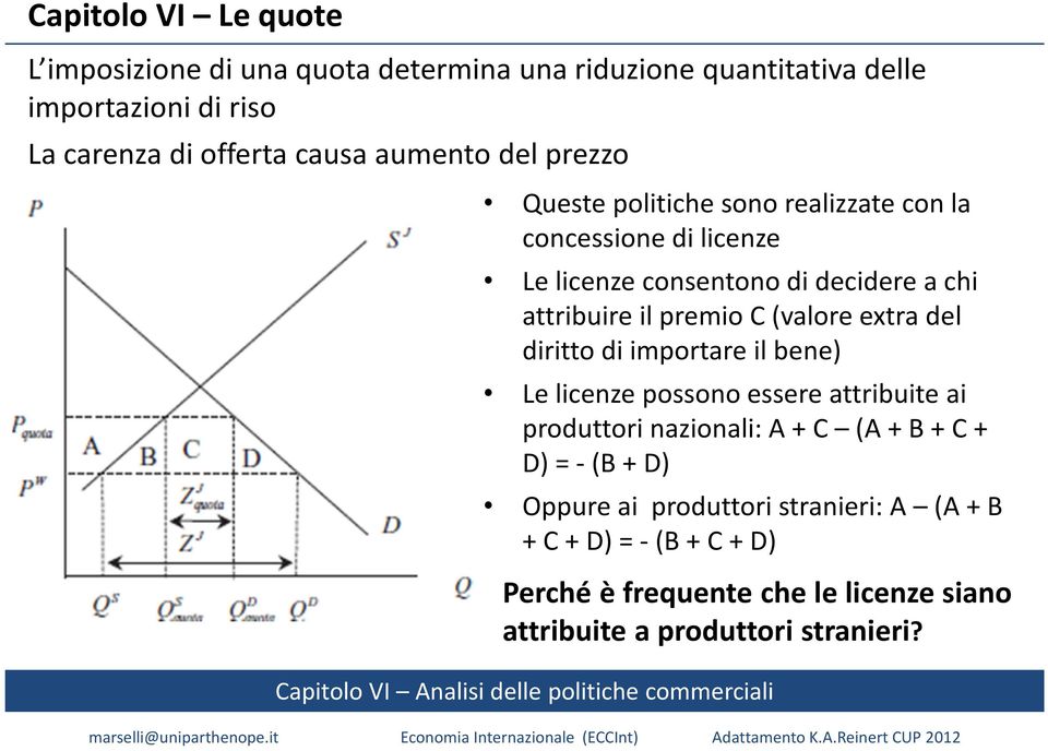 premio C (valore extra del diritto di importare il bene) Le licenze possono essere attribuite ai produttori nazionali: A + C (A + B + C + D)