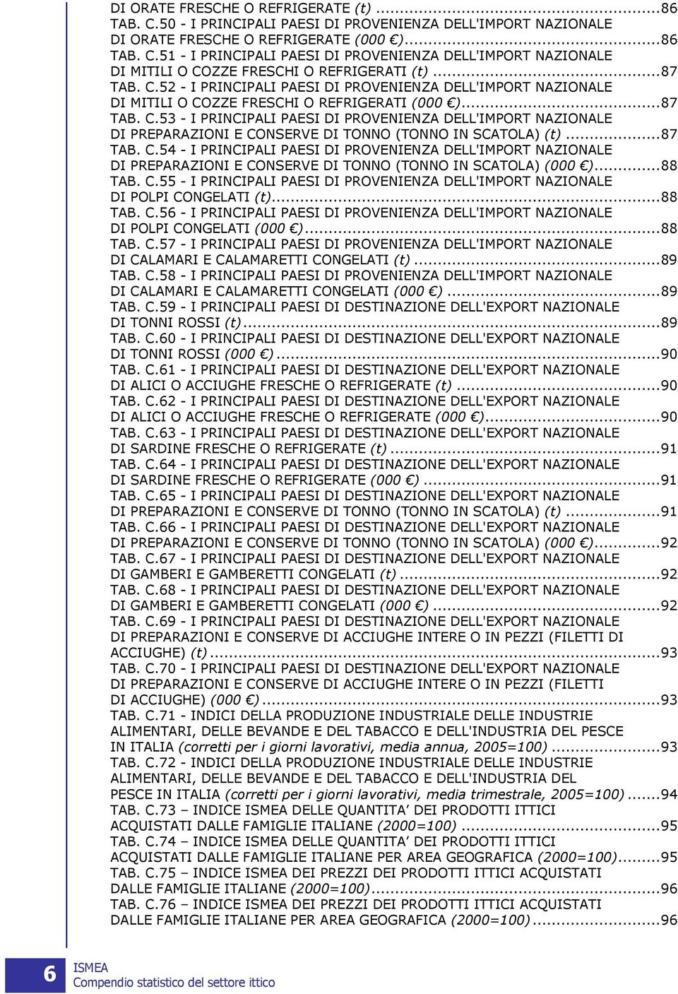 ..87 TAB. C.54 - I PRINCIPALI PAESI DI PROVENIENZA DELL'IMPORT NAZIONALE DI PREPARAZIONI E CONSERVE DI TONNO (TONNO IN SCATOLA) (000 )...88 TAB. C.55 - I PRINCIPALI PAESI DI PROVENIENZA DELL'IMPORT NAZIONALE DI POLPI CONGELATI (t).