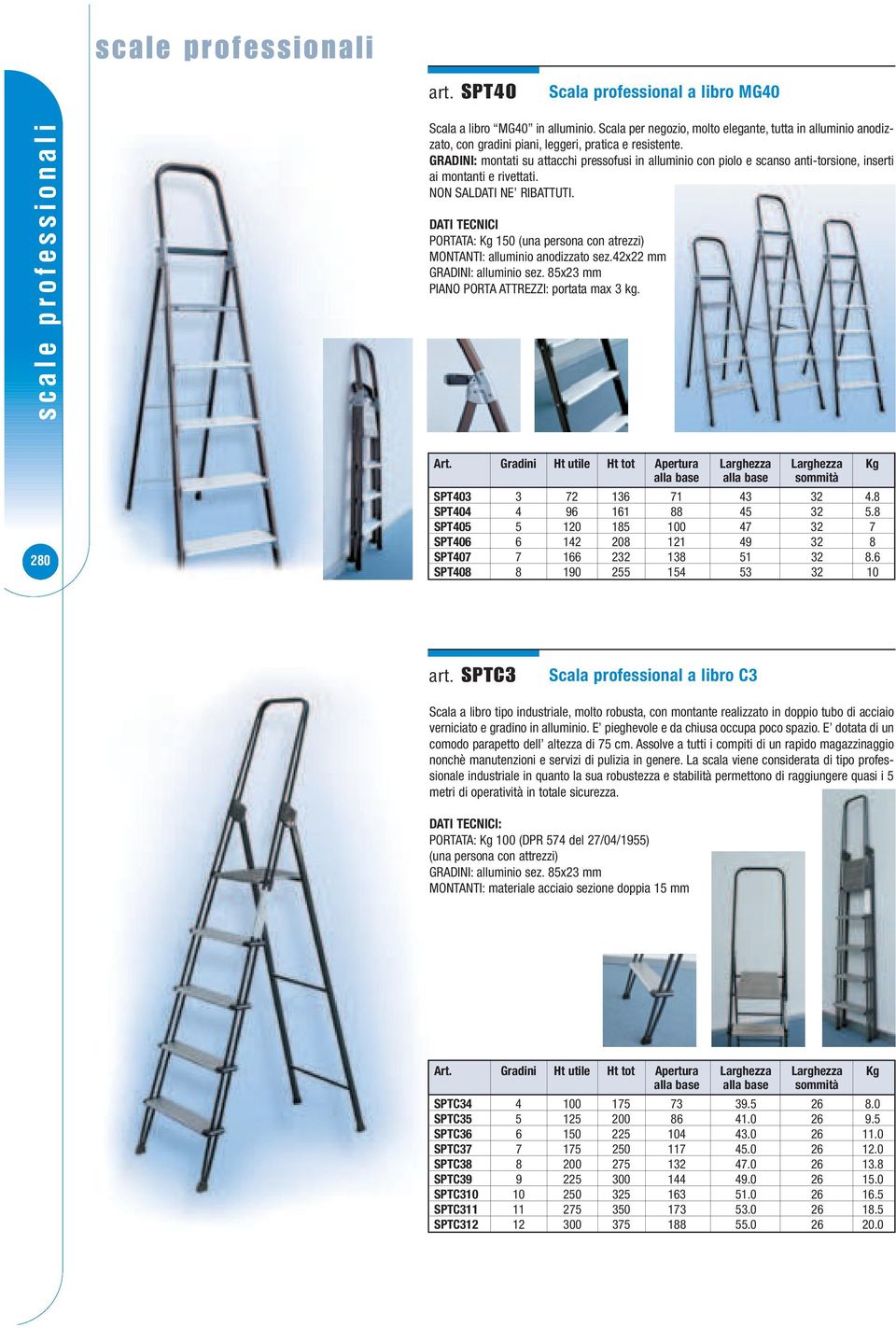 DATI TECNICI PORTATA: Kg 150 (una persona con atrezzi) MONTANTI: alluminio anodizzato sez.42x22 mm GRADINI: alluminio sez. 85x23 mm PIANO PORTA ATTREZZI: portata max 3 kg. 280 Art.