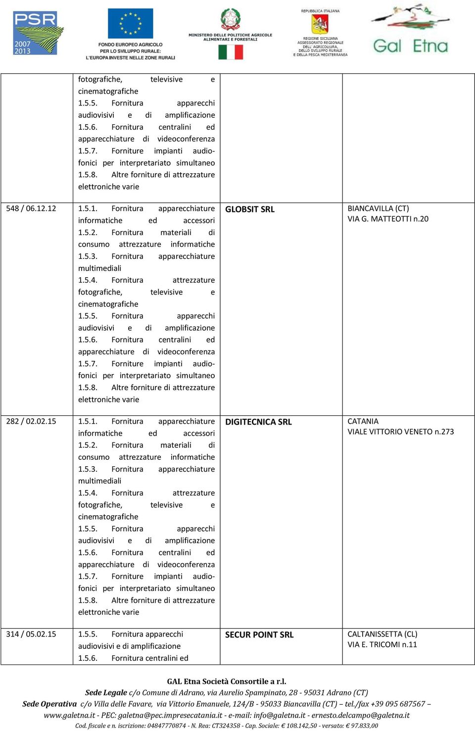 5.3. Fornitura apparecchiature multimediali 1.5.4. Fornitura attrezzature  Forniture impianti audiofonici per interpretariato simultaneo 1.5.8.