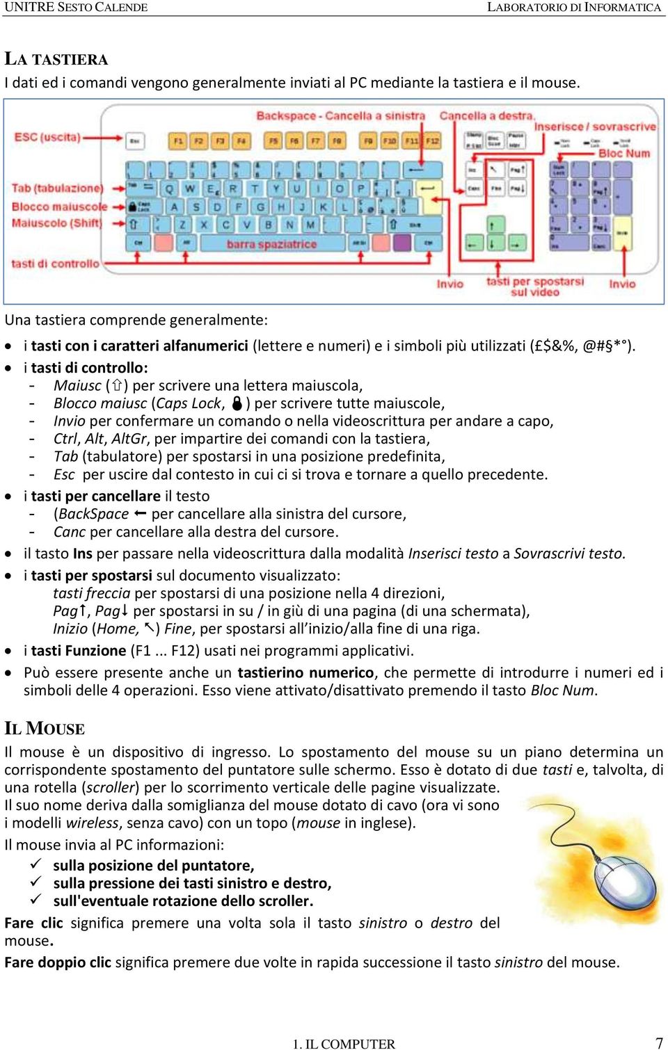 i tasti di controllo: - Maiusc ( ) per scrivere una lettera maiuscola, - Blocco maiusc (Caps Lock, ) per scrivere tutte maiuscole, - Invio per confermare un comando o nella videoscrittura per andare