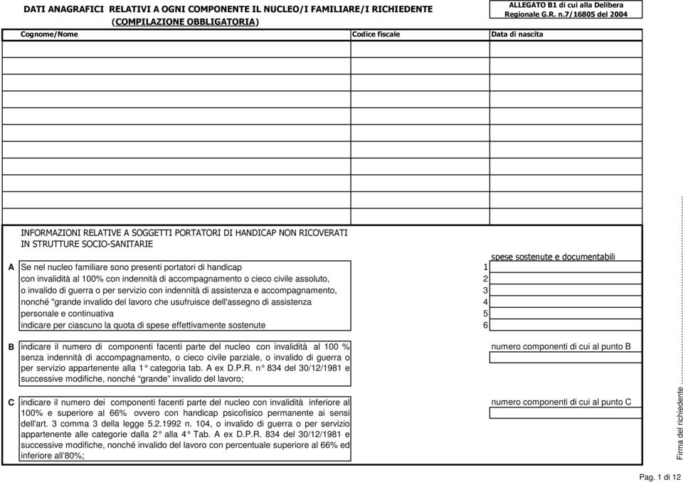 7/16805 del 2004 INFORMAZIONI RELATIVE A SOGGETTI PORTATORI DI HANDICAP NON RICOVERATI IN STRUTTURE SOCIO-SANITARIE A Se nel nucleo familiare sono presenti portatori di handicap 1 con invalidità al