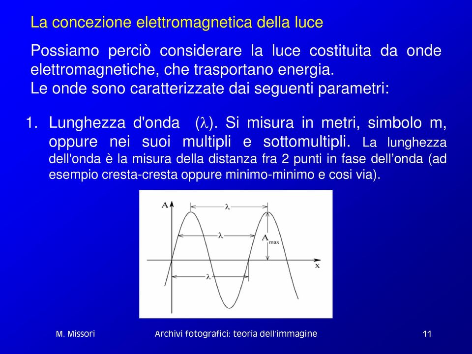 Lunghezza d'onda ( ). Si misura in metri, simbolo m, oppure nei suoi multipli e sottomultipli.