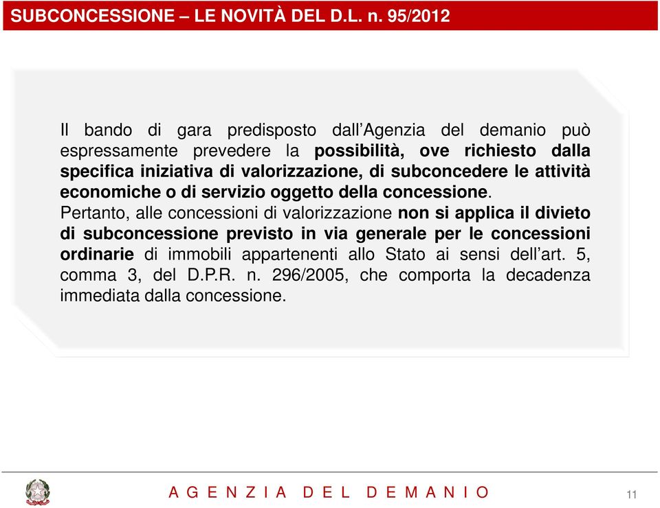 valorizzazione, di subconcedere le attività economiche o di servizio oggetto della concessione.