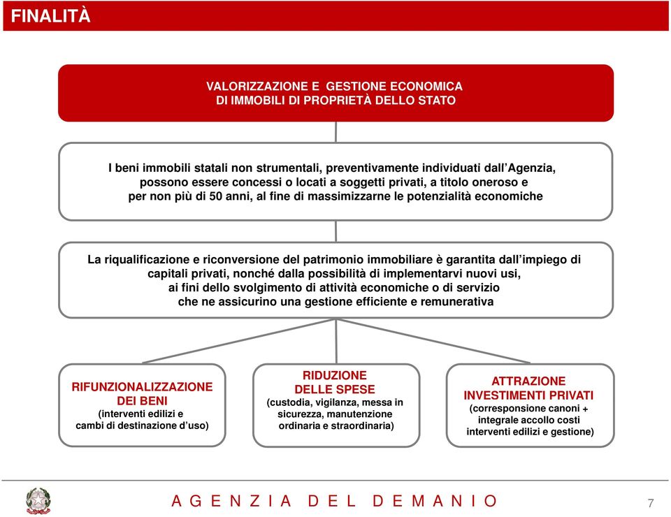 dall impiego di capitali privati, nonché dalla possibilità di implementarvi nuovi usi, ai fini dello svolgimento di attività economiche o di servizio che ne assicurino una gestione efficiente e