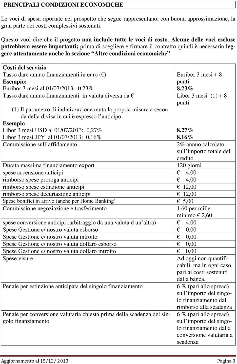 Alcune delle voci escluse potrebbero essere importanti; prima di scegliere e firmare il contratto quindi è necessario leggere attentamente anche la sezione Altre condizioni economiche Costi del