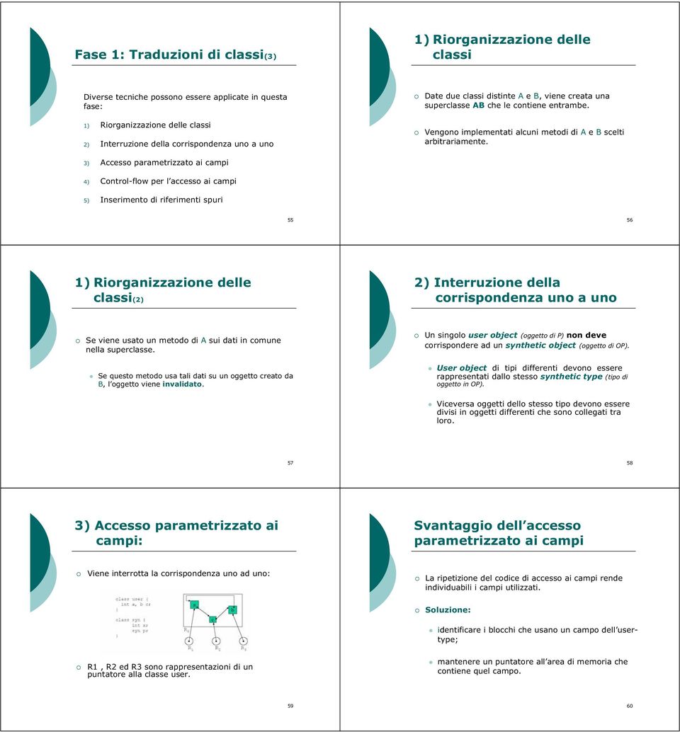 3) Accesso parametrizzato ai campi 4) Control-flow per l accesso ai campi 5) Inserimento di riferimenti spuri 55 56 1) Riorganizzazione delle classi(2) 2) Interruzione della corrispondenza uno a uno