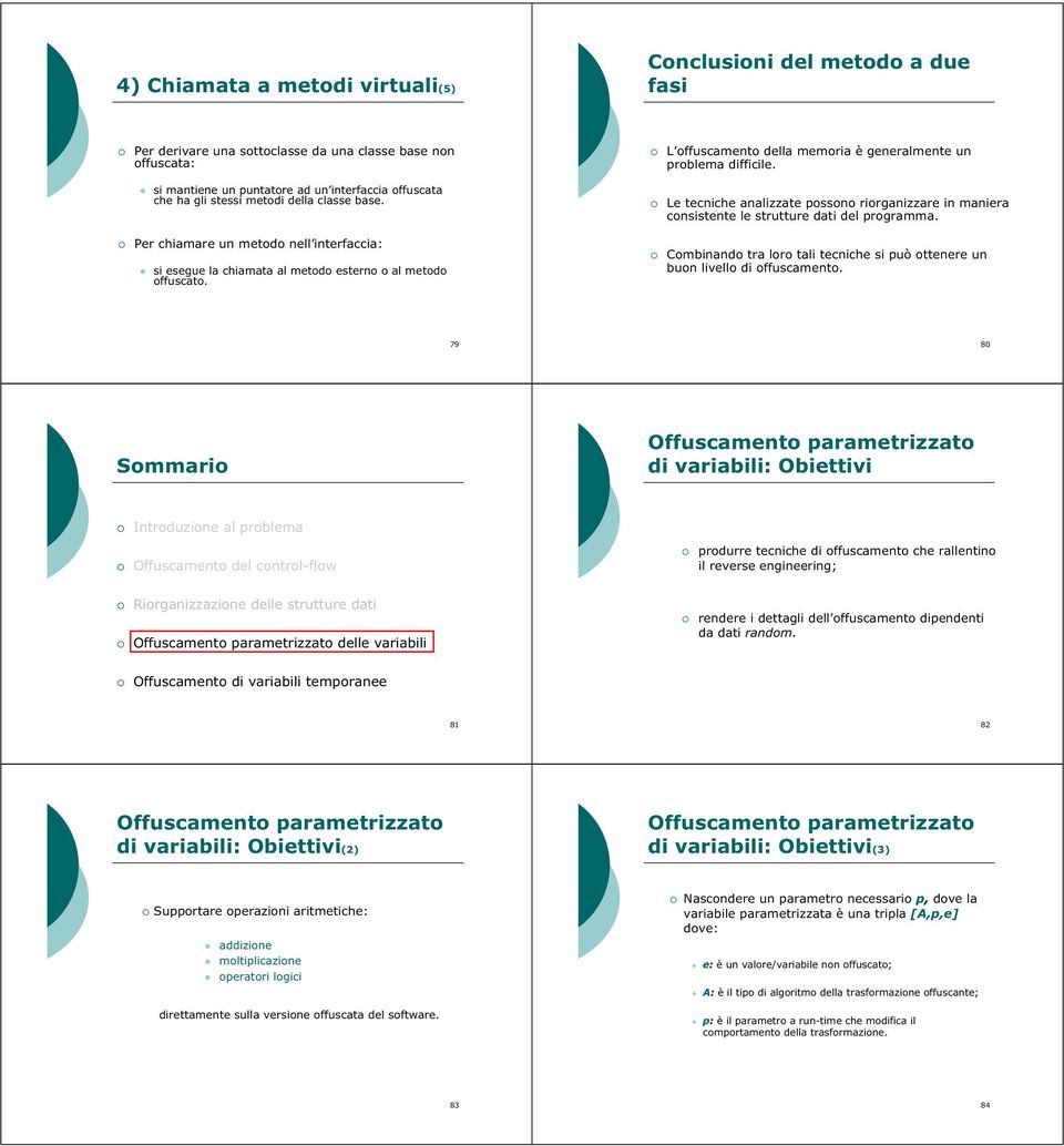 Per chiamare un metodo nell interfaccia: si esegue la chiamata al metodo esterno o al metodo offuscato. Combinando tra loro tali tecniche si può ottenere un buon livello di offuscamento.