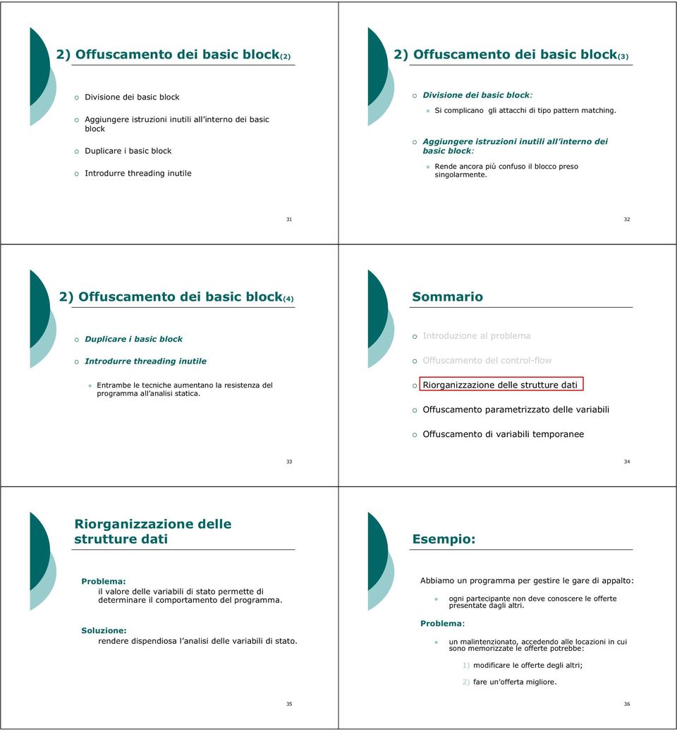 Aggiungere istruzioni inutili all interno dei basic block: Introdurre threading inutile Rende ancora più confuso il blocco preso singolarmente.