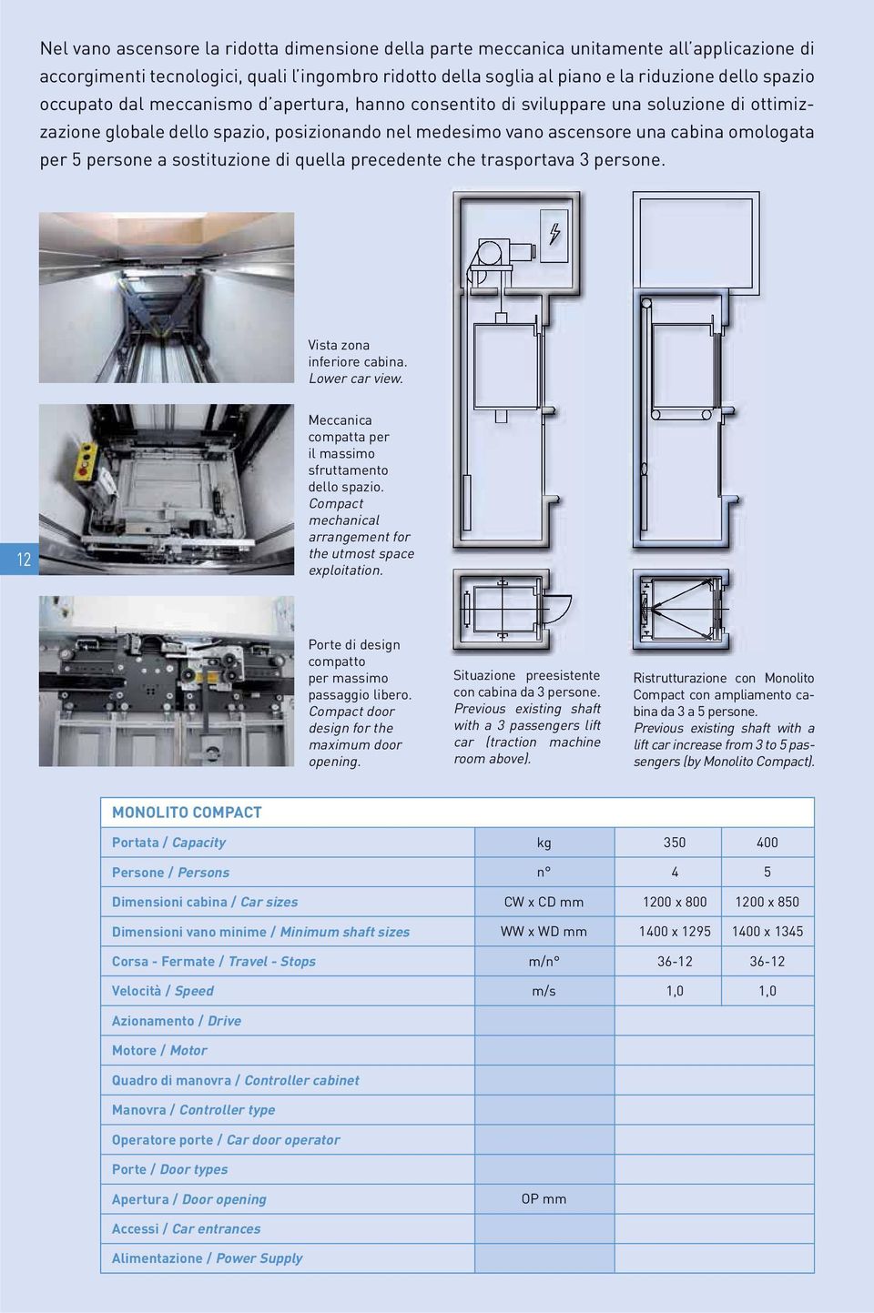 sostituzione di quella precedente che trasportava 3 persone. Vista zona inferiore cabina. Lower car view. 12 Meccanica compatta per il massimo sfruttamento dello spazio.
