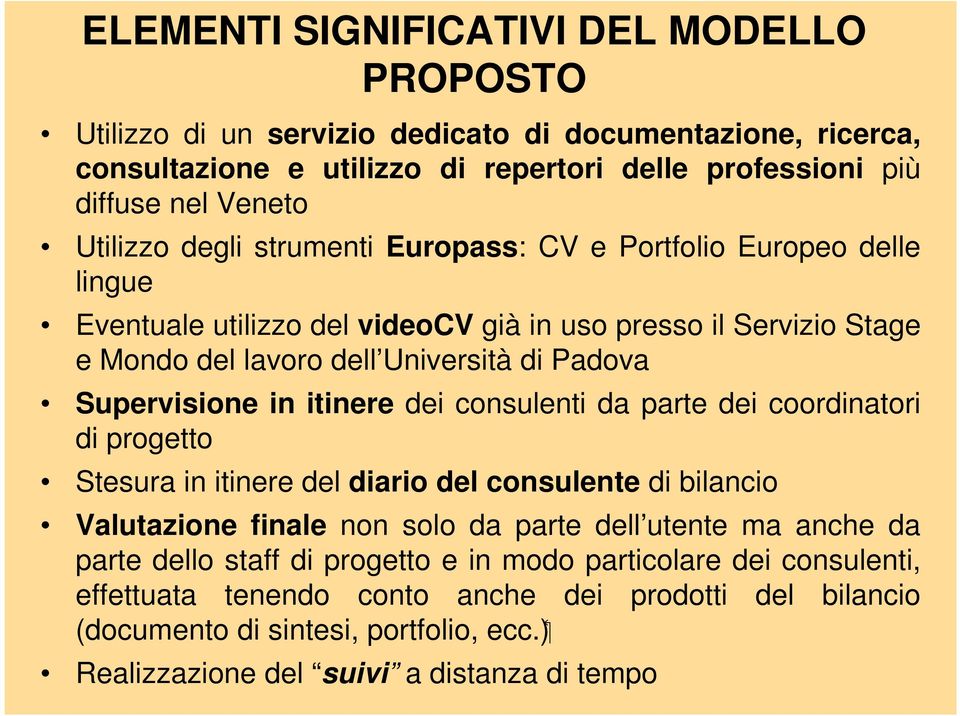 itinere dei consulenti da parte dei coordinatori di progetto Stesura in itinere del diario del consulente di bilancio Valutazione finale non solo da parte dell utente ma anche da parte dello