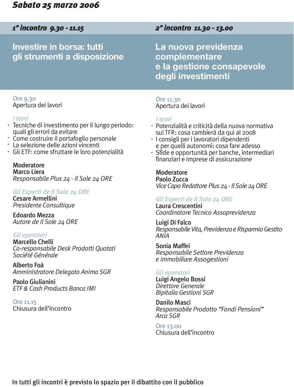 30 Apertura dei lavori - I temi Tecniche di investimento per il lungo periodo: quali gli errori da evitare - - Come costruire il portafoglio personale - La selezione delle azioni vincenti - - Gli