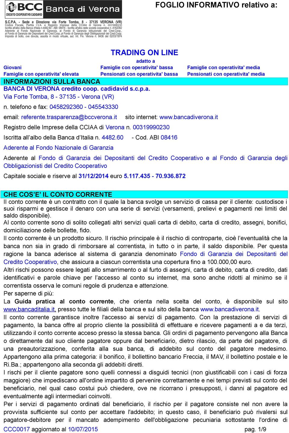 telefono e fax: 0458292360-045543330 email: referente.trasparenza@bccverona.it Registro delle Imprese della CCIAA di Verona n. 00319990230 sito internet: www.bancadiverona.