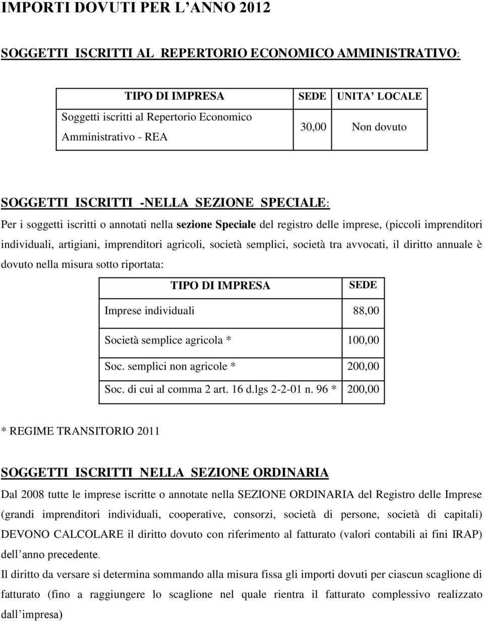 agricoli, società semplici, società tra avvocati, il diritto annuale è dovuto nella misura sotto riportata: TIPO DI IMPRESA SEDE Imprese individuali 88,00 Società semplice agricola * 100,00 Soc.