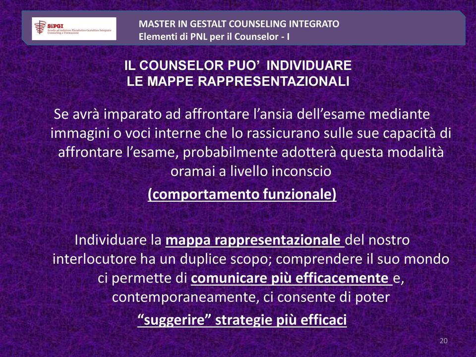 inconscio (comportamento funzionale) Individuare la mappa rappresentazionale del nostro interlocutore ha un duplice scopo;