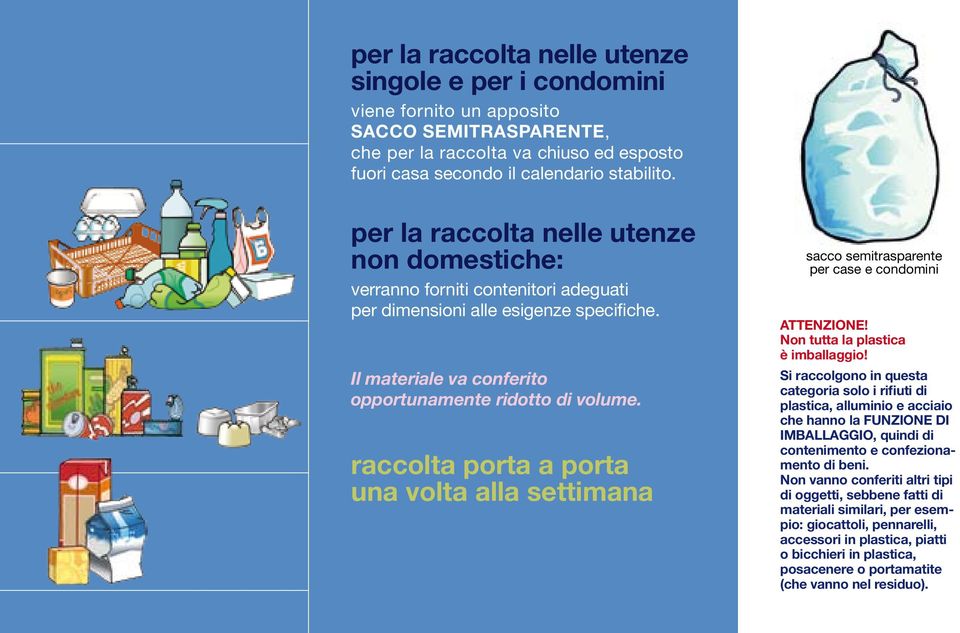 raccolta porta a porta una volta alla settimana sacco semitrasparente per case e condomini ATTENZIONE! Non tutta la plastica è imballaggio!