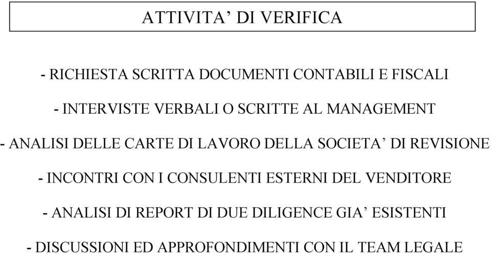 SOCIETA DI REVISIONE - INCONTRI CON I CONSULENTI ESTERNI DEL VENDITORE - ANALISI