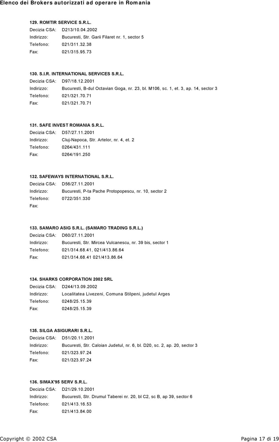 2001 Indirizzo: Cluj-Napoca, Str. Artelor, nr. 4, et. 2 Telefono: 0264/431.111 Fax: 0264/191.250 132. SAFEWAYS INTERNATIONAL S.R.L. Decizia CSA: D56/27.11.2001 Indirizzo: Bucuresti, P-ta Pache Protopopescu, nr.