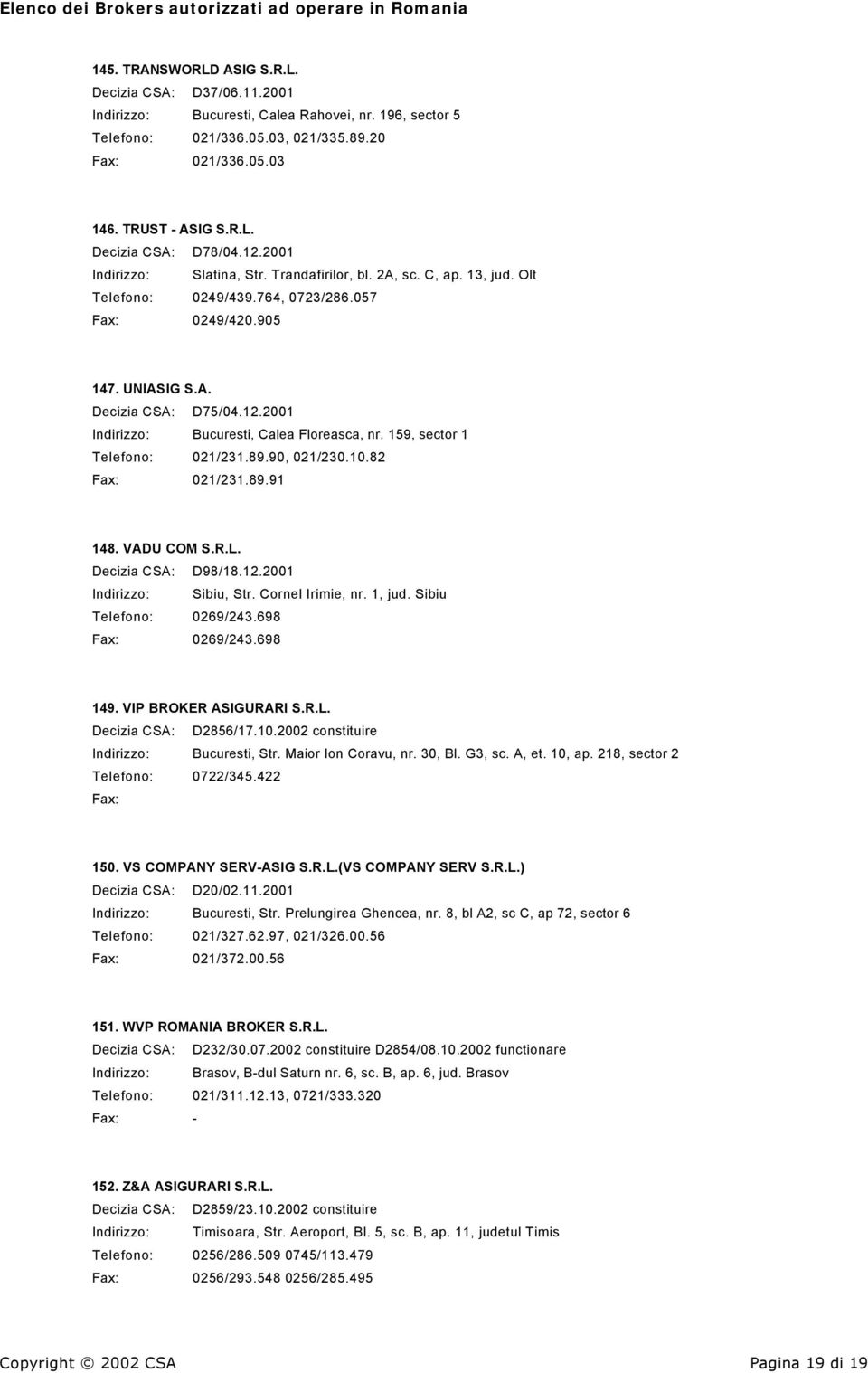 159, sector 1 Telefono: 021/231.89.90, 021/230.10.82 Fax: 021/231.89.91 148. VADU COM S.R.L. Decizia CSA: D98/18.12.2001 Indirizzo: Sibiu, Str. Cornel Irimie, nr. 1, jud. Sibiu Telefono: 0269/243.