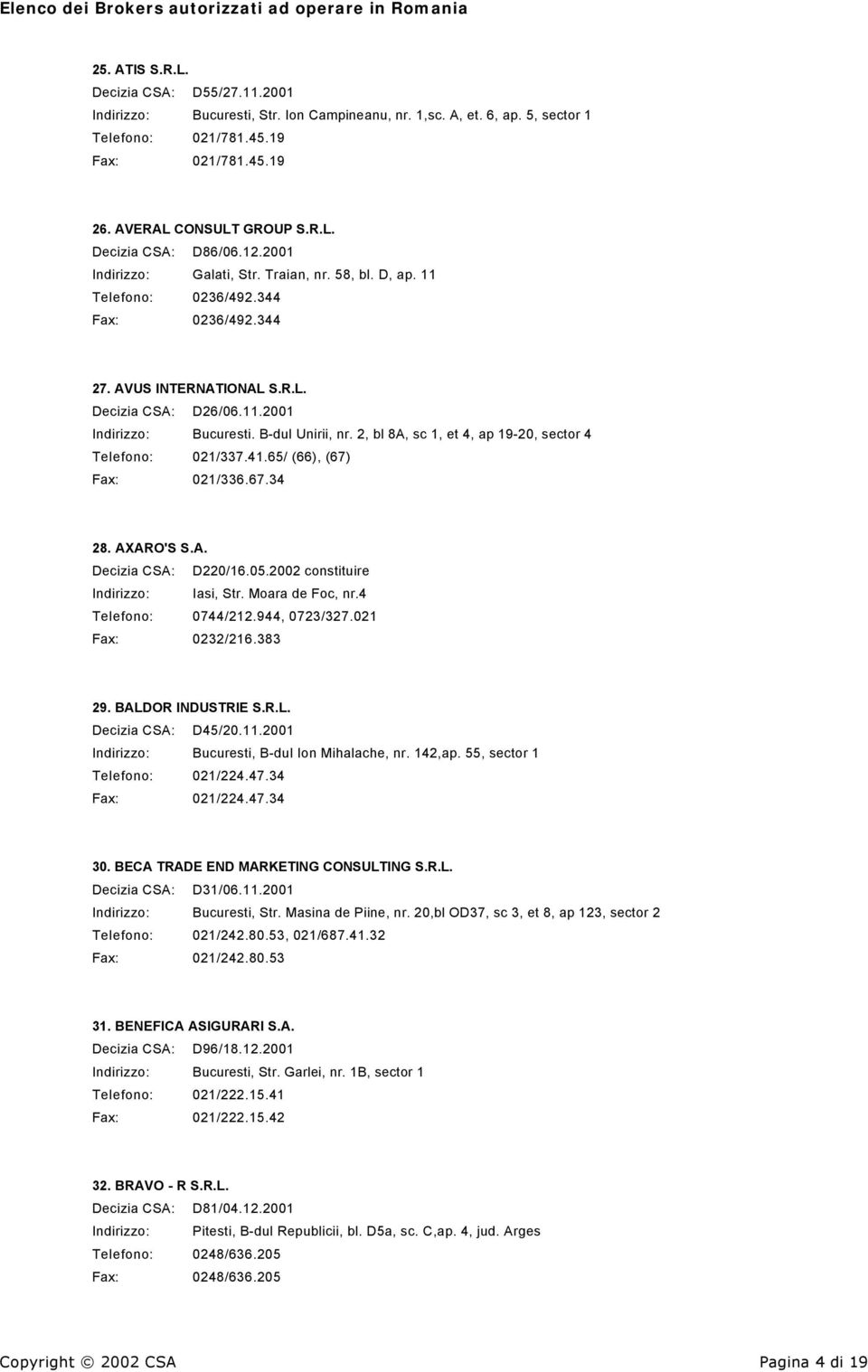 2, bl 8A, sc 1, et 4, ap 19-20, sector 4 Telefono: 021/337.41.65/ (66), (67) Fax: 021/336.67.34 28. AXARO'S S.A. Decizia CSA: D220/16.05.2002 constituire Indirizzo: Iasi, Str. Moara de Foc, nr.