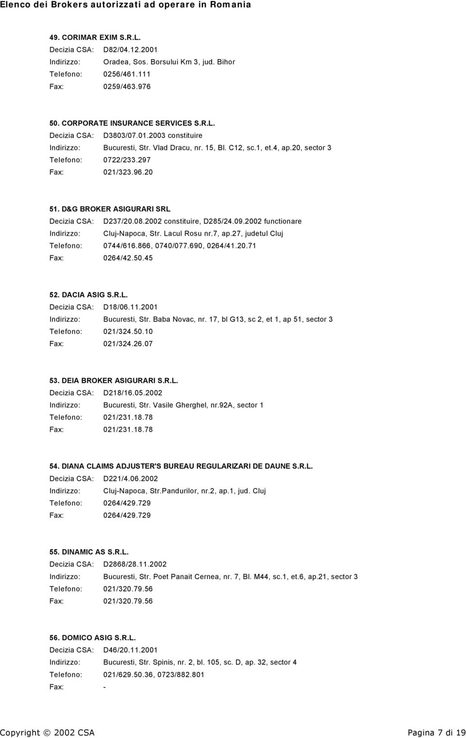 2002 constituire, D285/24.09.2002 functionare Indirizzo: Cluj-Napoca, Str. Lacul Rosu nr.7, ap.27, judetul Cluj Telefono: 0744/616.866, 0740/077.690, 0264/41.20.71 Fax: 0264/42.50.45 52. DACIA ASIG S.