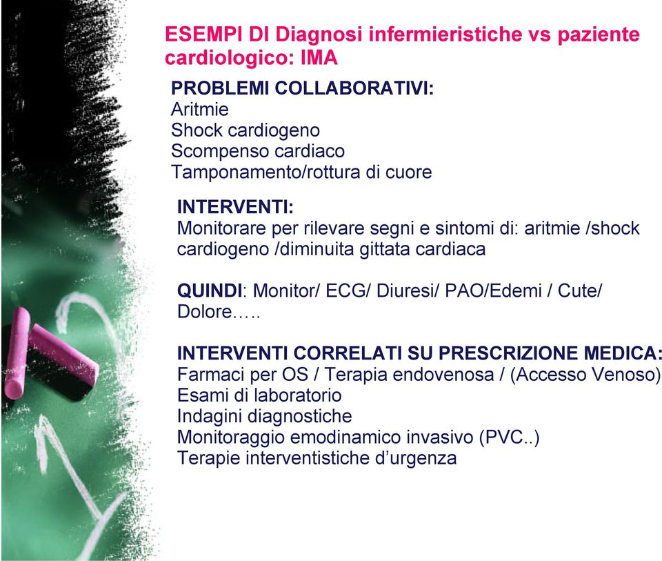 cardiaca QUINDI: Monitor/ ECG/ Diuresi/ PAO/Edemi / Cute/ Dolore.