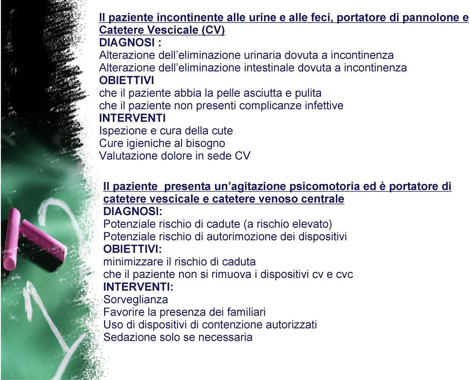 al bisogno Valutazione dolore in sede CV Il paziente presenta un agitazione psicomotoria ed è portatore di catetere vescicale e catetere venoso centrale DIAGNOSI: Potenziale rischio di cadute (a