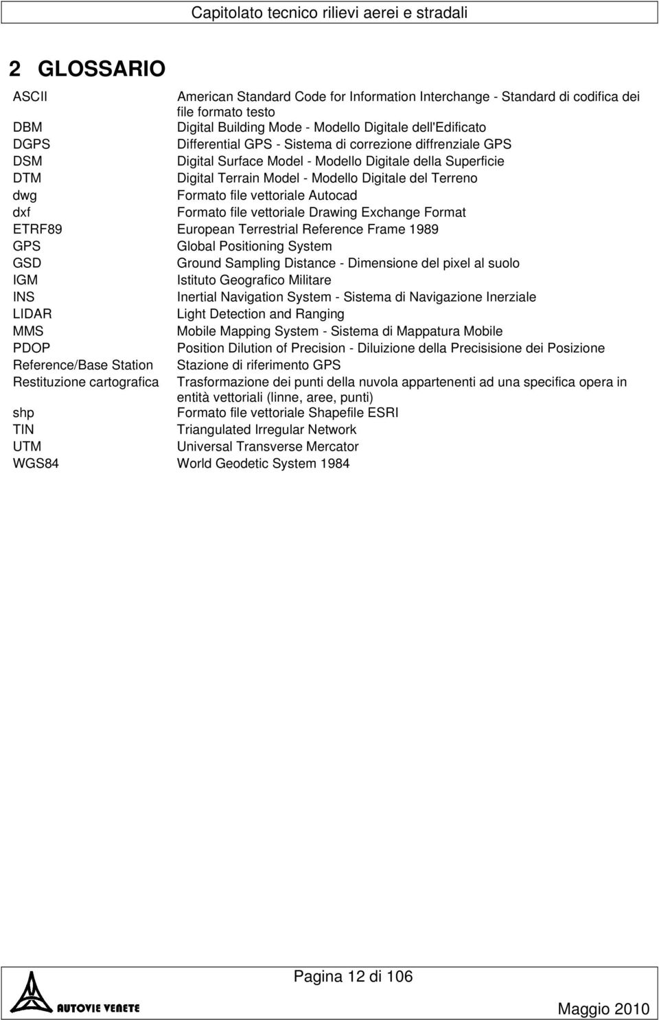 Formato file vettoriale Drawing Exchange Format ETRF89 European Terrestrial Reference Frame 1989 GPS Global Positioning System GSD Ground Sampling Distance - Dimensione del pixel al suolo IGM