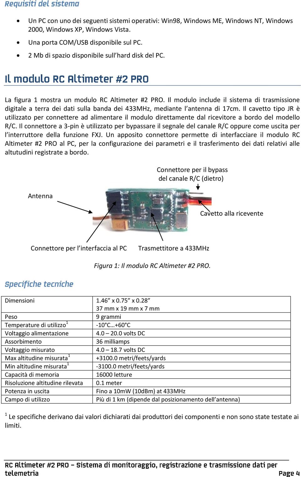 Il modulo include il sistema di trasmissione digitale a terra dei dati sulla banda dei 433MHz, mediante l antenna di 17cm.