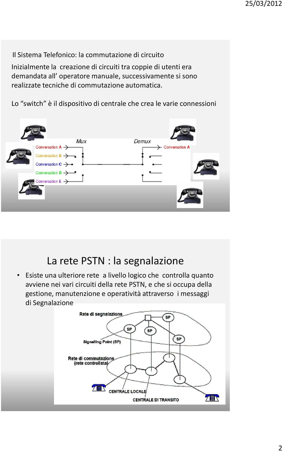 Lo switch è il dispositivo di centrale che crea le varie connessioni La rete PSTN : la segnalazione Esiste una ulteriore rete a livello