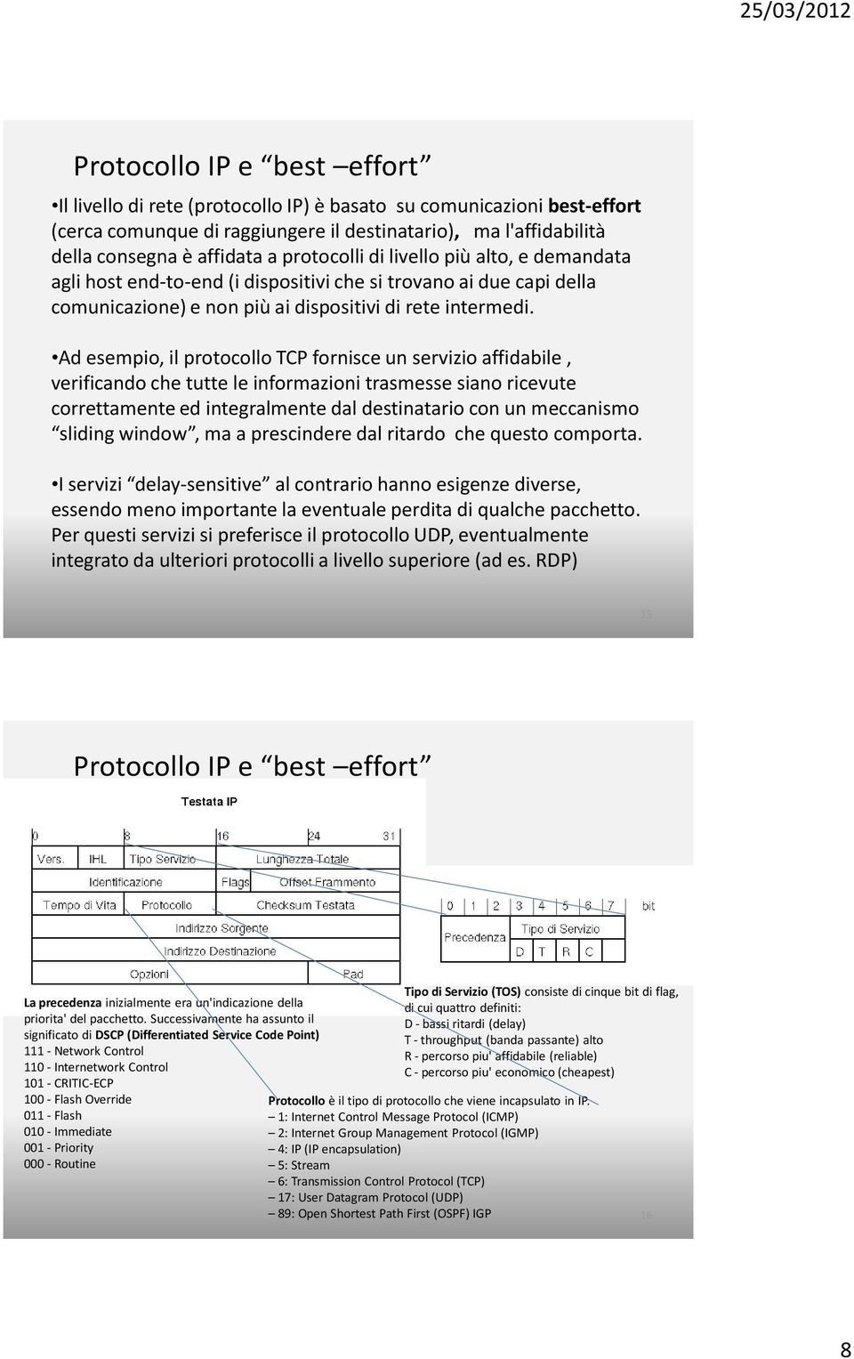 Ad esempio, il protocollo TCP fornisce un servizio affidabile, verificando che tutte le informazioni trasmesse siano ricevute correttamente ed integralmente dal destinatario con un meccanismo sliding