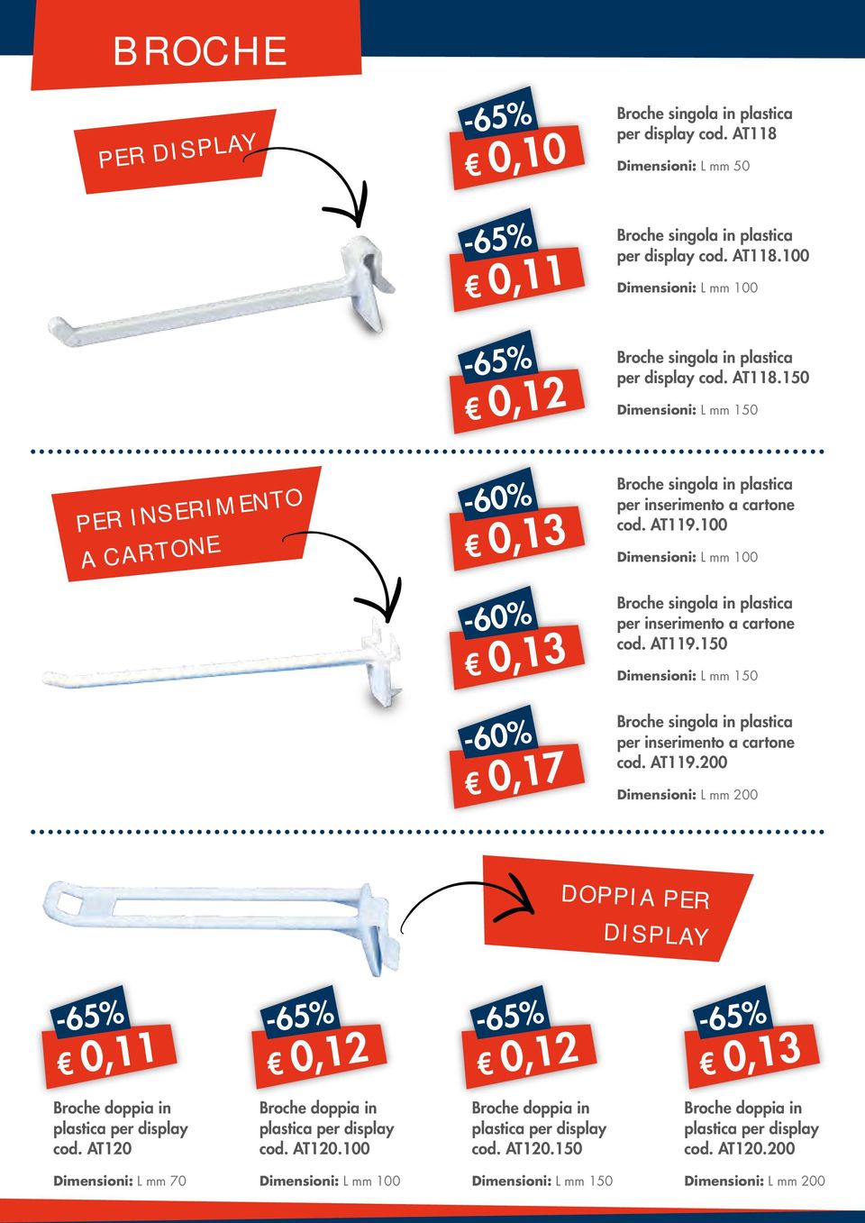 100 L mm 100 Broche singola in plastica per inserimento a cartone cod. AT119.150 L mm 150 Broche singola in plastica per inserimento a cartone cod. AT119.200 L mm 200 DOPPIA PER DISPLAY 0,11 0,12 0,12 0,13 Broche doppia in plastica per display cod.