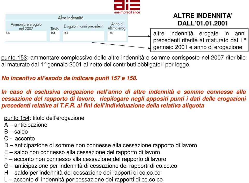 In caso di esclusiva erogazione nell anno di altre indennità e somme connesse alla cessazione del rapporto di lavoro, riepilogare negli appositi punti p i dati delle erogazioni precedenti relative al