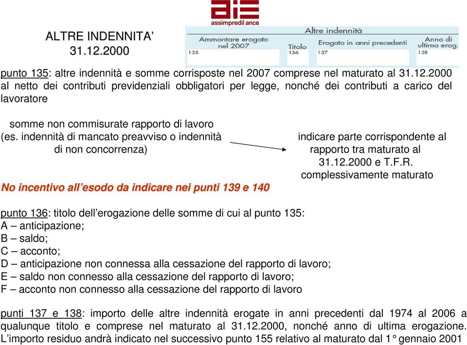 complessivamente maturato punto 136: titolo dell erogazione delle somme di cui al punto 135: A anticipazione; B saldo; C acconto; D anticipazione non connessa alla cessazione del rapporto di lavoro;