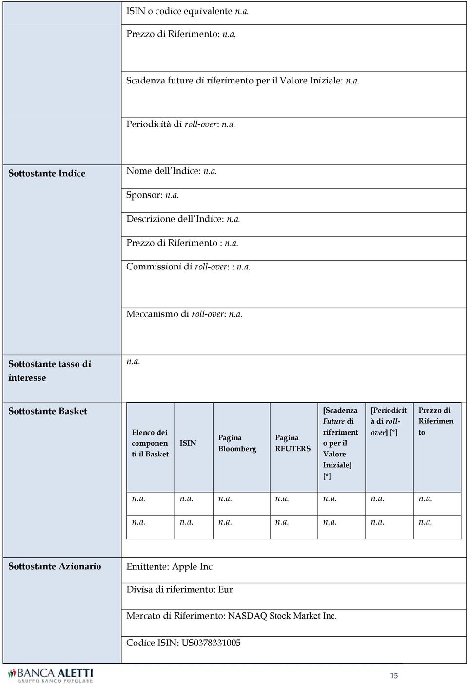 componen ti il Basket ISIN Pagina Bloomberg Pagina REUTERS [Scadenza Future di riferiment o per il Valore Iniziale] [Periodicit à di rollover] [*] Prezzo di Riferimen to [*] n.a. n.a. n.a. n.a. n.a. n.a. n.a. n.a. n.a. n.a. n.a. n.a. n.a. n.a. Sottostante Azionario Emittente: Apple Inc Divisa di riferimento: Eur Mercato di Riferimento: NASDAQ Stock Market Inc.