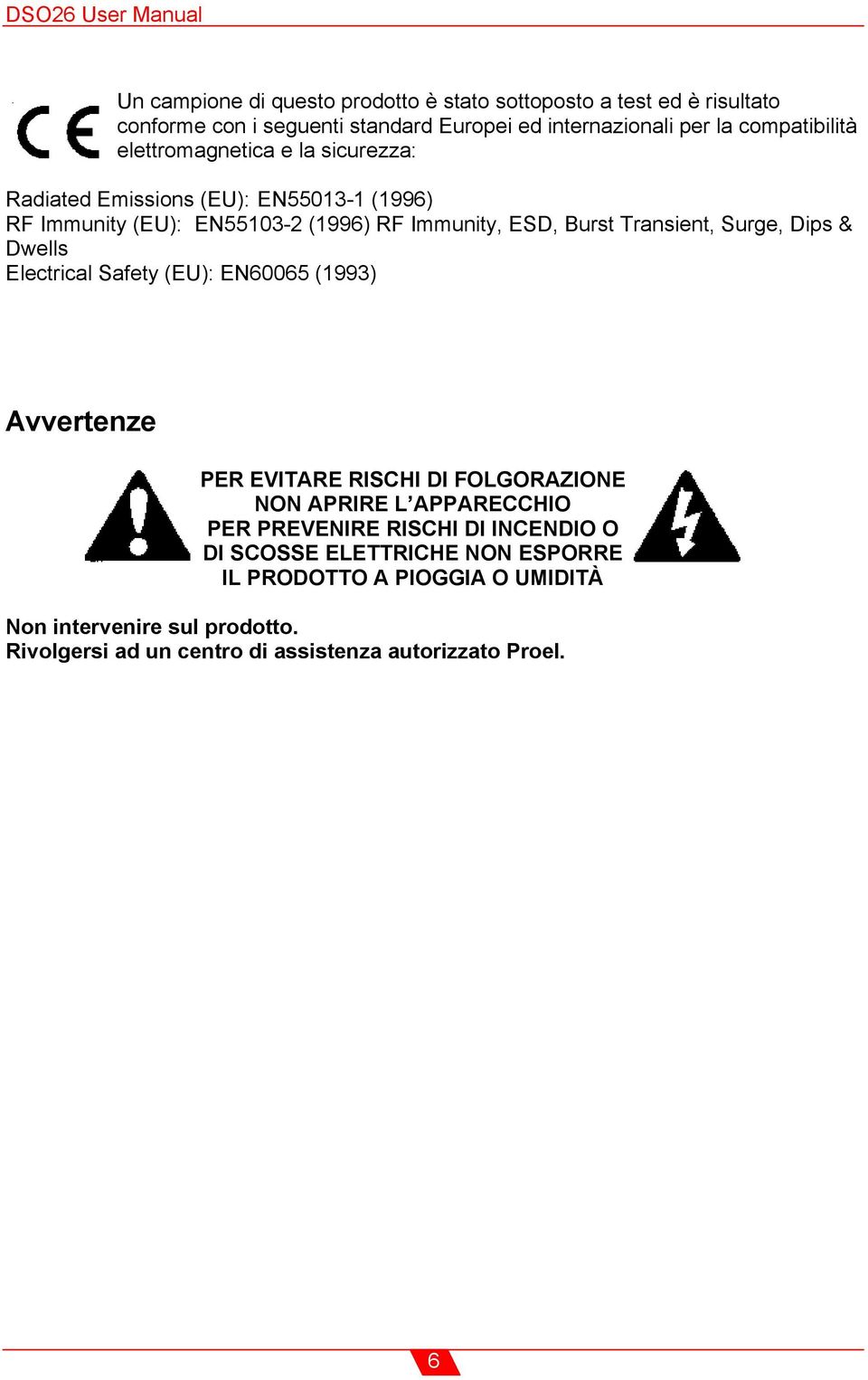 Dips & Dwells Electrical Safety (EU): EN60065 (1993) Avvertenze PER EVITARE RISCHI DI FOLGORAZIONE NON APRIRE L APPARECCHIO PER PREVENIRE RISCHI DI