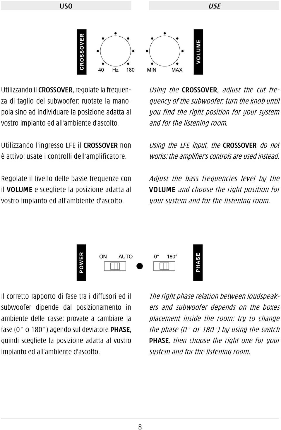 Regolate il livello delle basse frequenze con il VOLUME e scegliete la posizione adatta al vostro impianto ed all ambiente d ascolto.