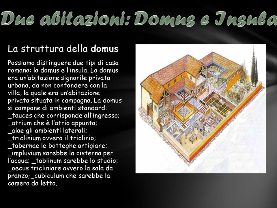 La domus si compone di ambienti standard: _fauces che corrisponde all ingresso; _atrium che è l atrio appunto; _alae gli ambienti laterali;