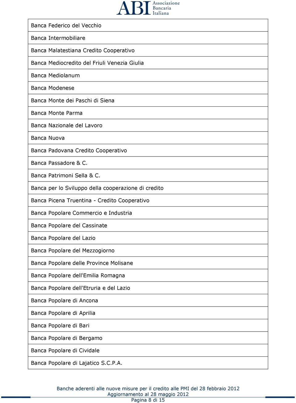 Banca per lo Sviluppo della cooperazione di credito Banca Picena Truentina - Credito Cooperativo Banca Popolare Commercio e Industria Banca Popolare del Cassinate Banca Popolare del Lazio Banca