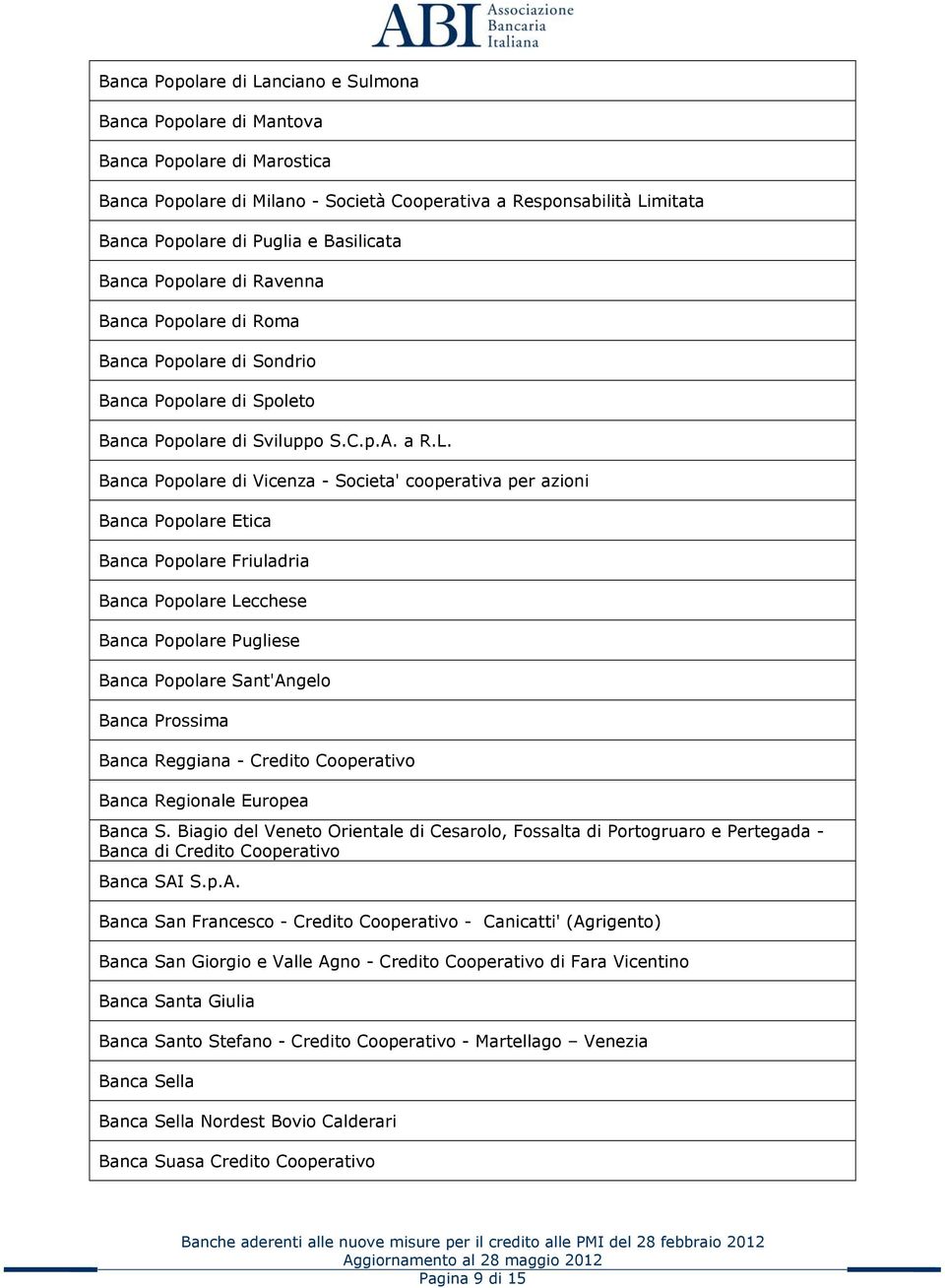 Banca Popolare di Vicenza - Societa' cooperativa per azioni Banca Popolare Etica Banca Popolare Friuladria Banca Popolare Lecchese Banca Popolare Pugliese Banca Popolare Sant'Angelo Banca Prossima