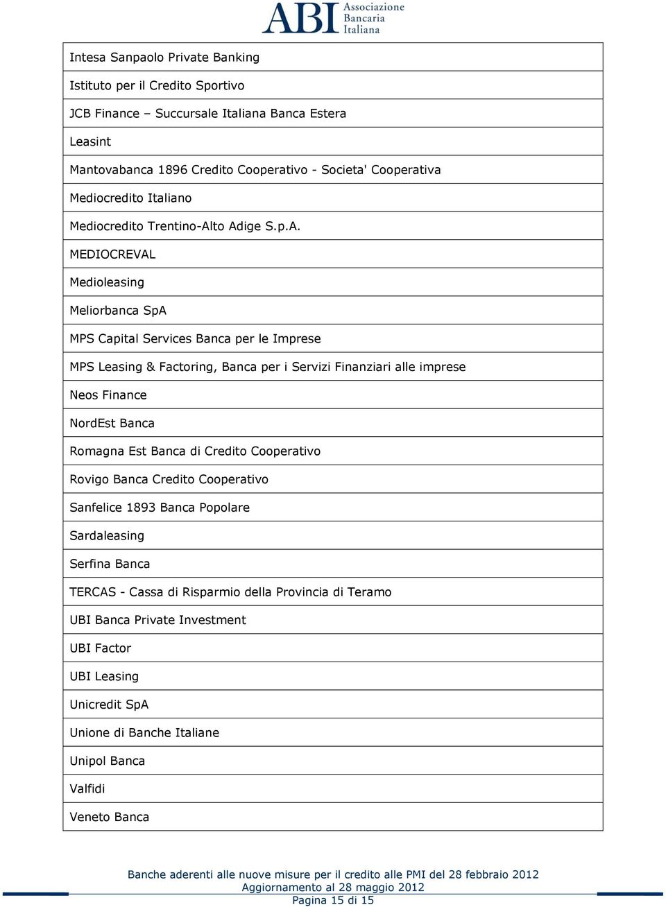 to Adige S.p.A. MEDIOCREVAL Medioleasing Meliorbanca SpA MPS Capital Services Banca per le Imprese MPS Leasing & Factoring, Banca per i Servizi Finanziari alle imprese Neos Finance