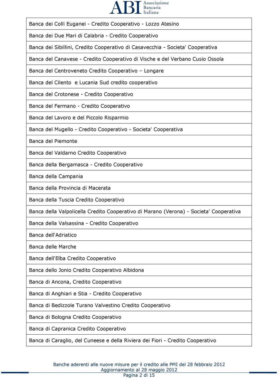 Credito Cooperativo Banca del Fermano - Credito Cooperativo Banca del Lavoro e del Piccolo Risparmio Banca del Mugello - Credito Cooperativo - Societa' Cooperativa Banca del Piemonte Banca del