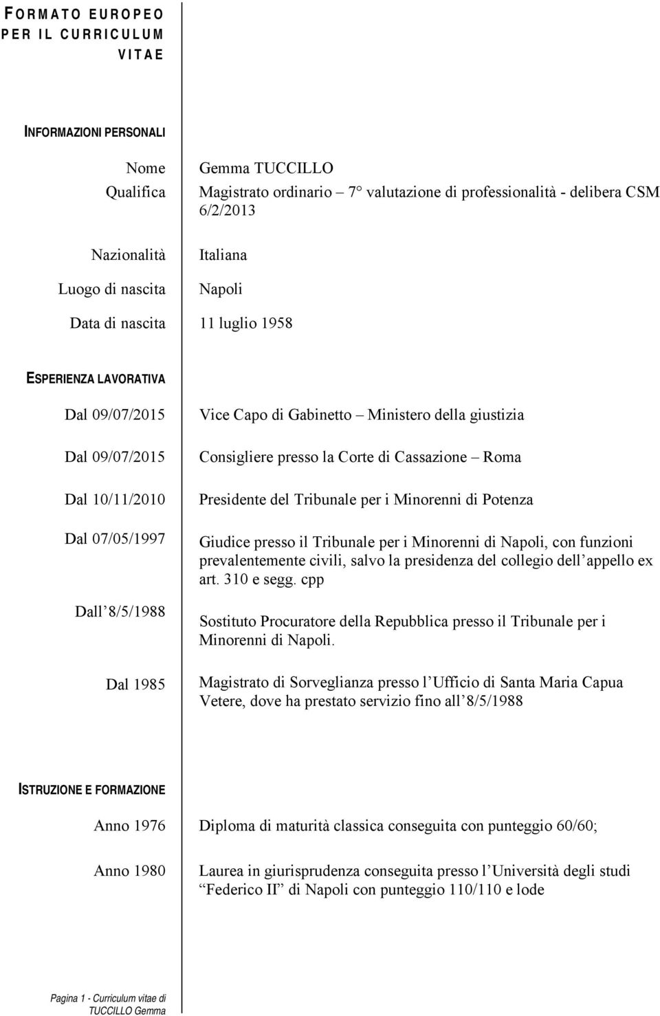 giustizia Consigliere presso la Corte di Cassazione Roma Presidente del Tribunale per i Minorenni di Potenza Giudice presso il Tribunale per i Minorenni di Napoli, con funzioni prevalentemente